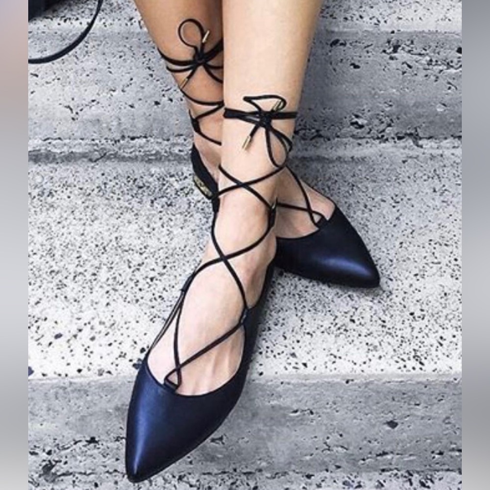 Aquazurra Christy Flat in Black Leather Sz 38